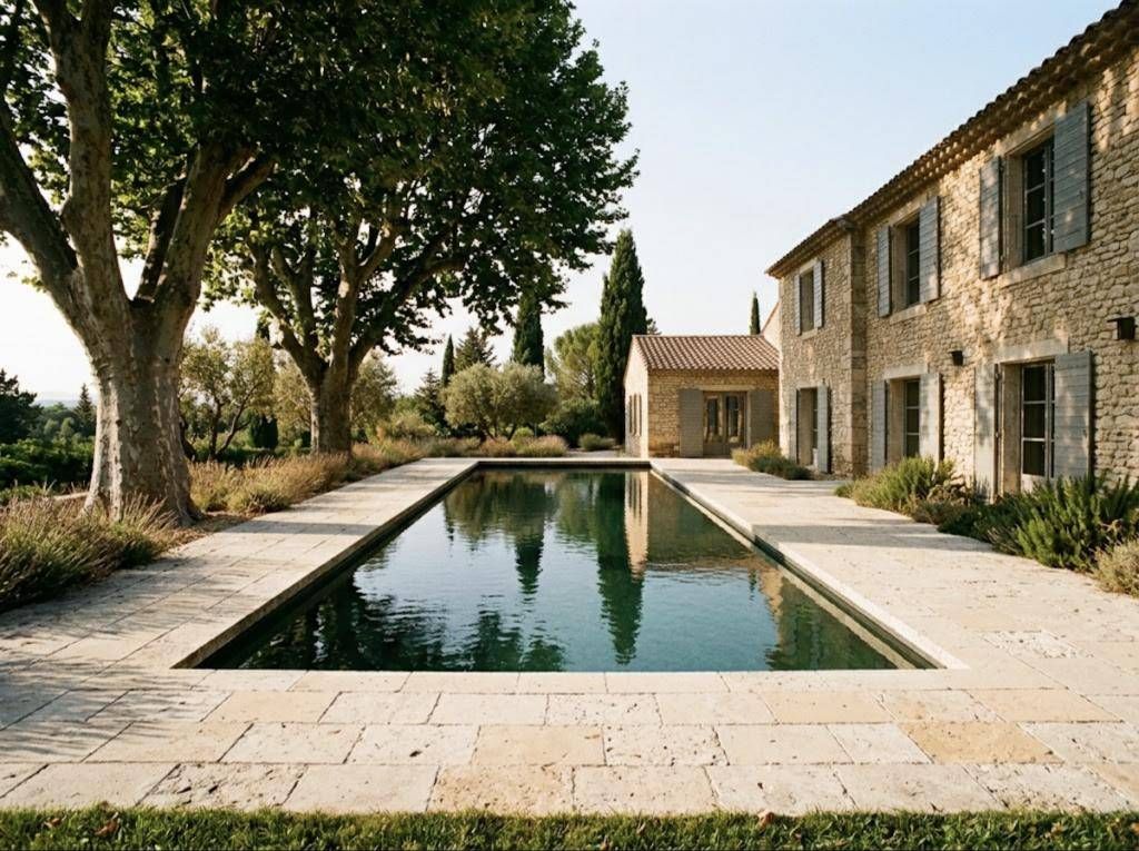 Grand bassin rénové au pied d'une bastide, margelles neuves en pierre blonde