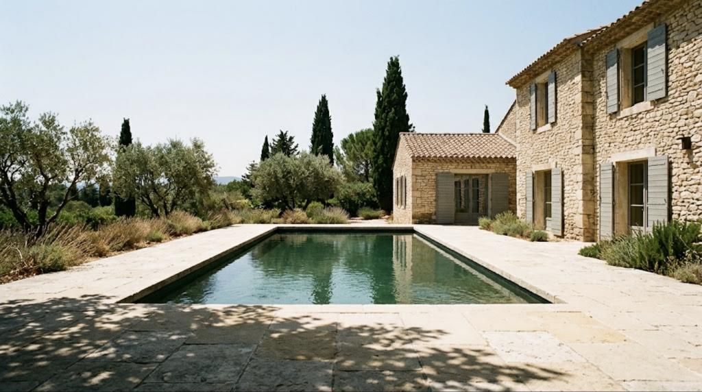 Piscine rectangulaire bordée de pierre de Vers à côté d'un mas, ombre d'un platane à midi